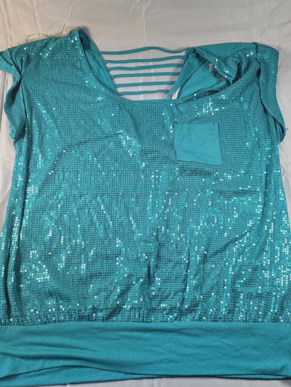 Faded Glory Teal Sequin Short Sleeve Top with Strappy Back